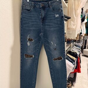 Grace & Lace Blue Distressed Skinny Jeans with Leopard Accents